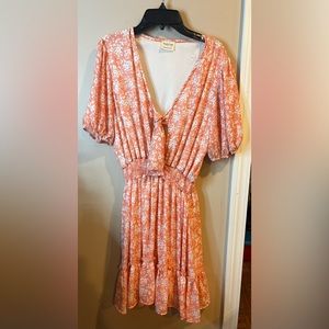 Peach Love Lined Pink Floral Ruffle Silk Dress Large Peach/pink color